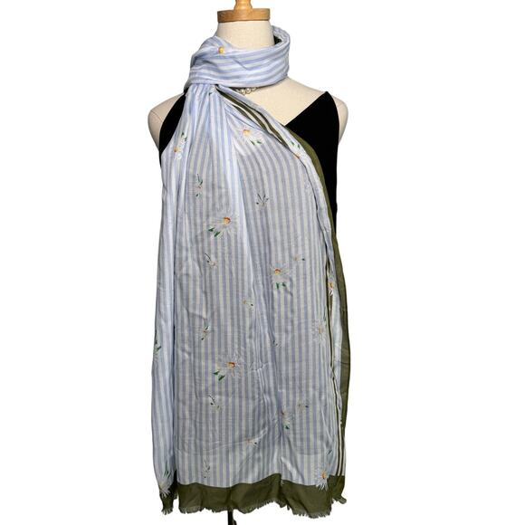Talbots 100% modal stripe and flower scarf wrap blue olive green 25 x 72" - Picture 4 of 7